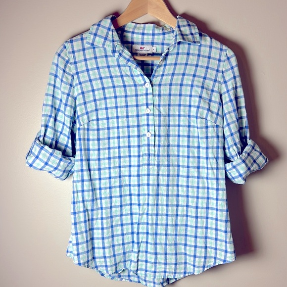 VINEYARD VINES Women’s White Blue Plaid Popover Roll Tab Sleeve Shirt – Size 4 - Picture 1 of 4